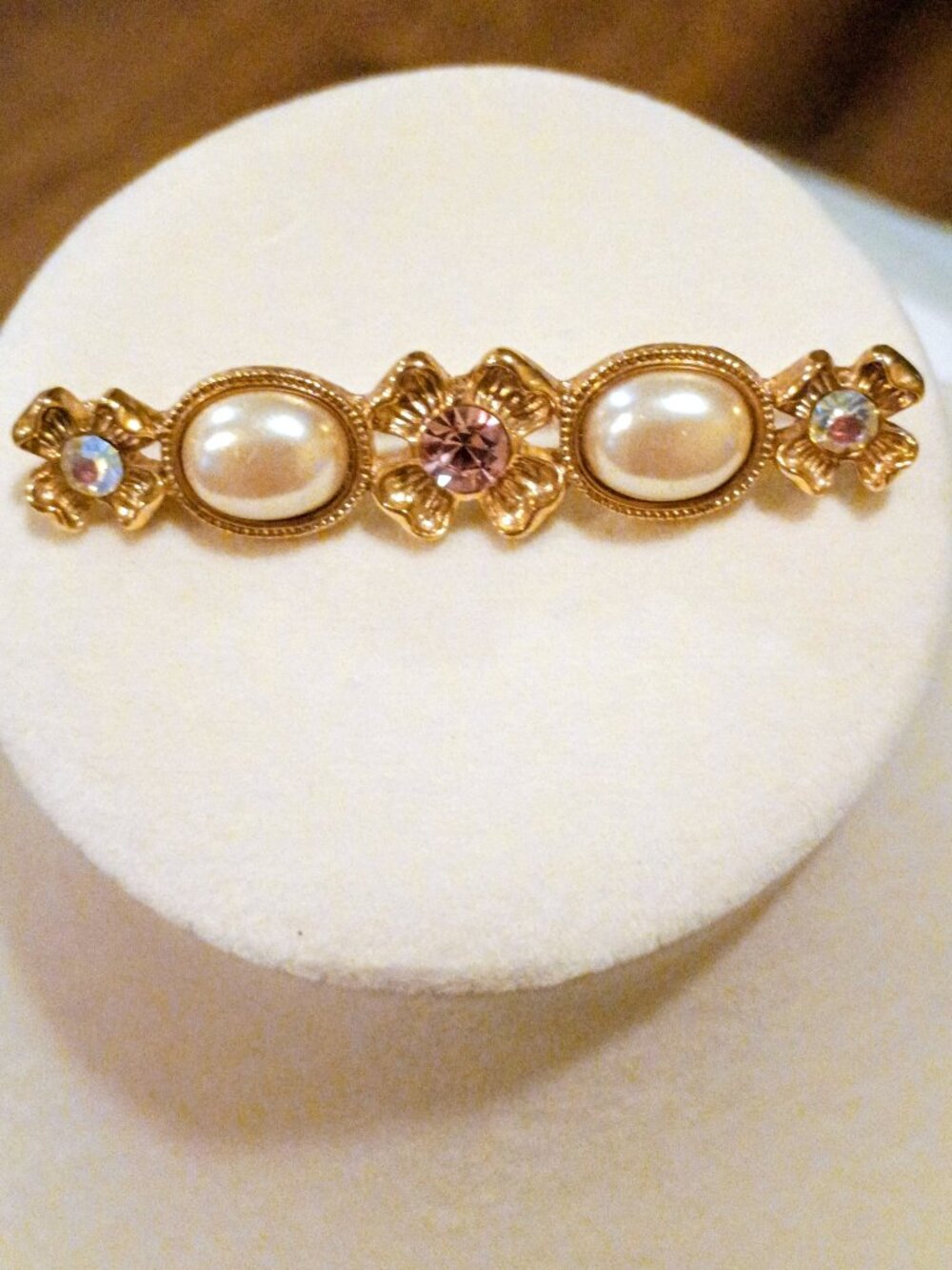 1928 Style Bar Brooch Faux Pearl AB Rhinestones Sweet Victorian Inspired Jewelry